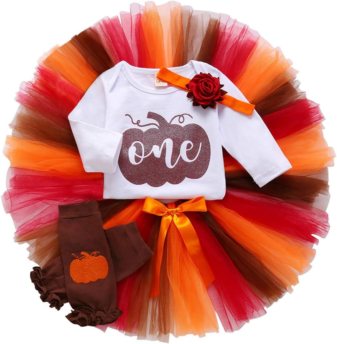 Baby Girl One 1St Birthday Pumpkin Outfits Set Romper Tulle Tutu Skirt Headband Leg Warmers 4Pcs Clothes