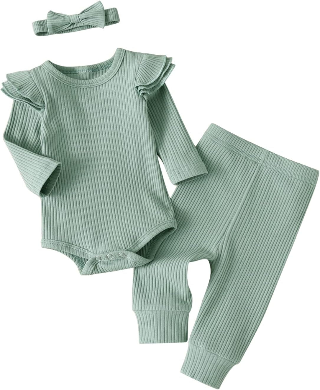 Newborn Infant Baby Girl Clothes Solid Color Ribbed Long Sleeve Romper Pants Headband Outfits Set