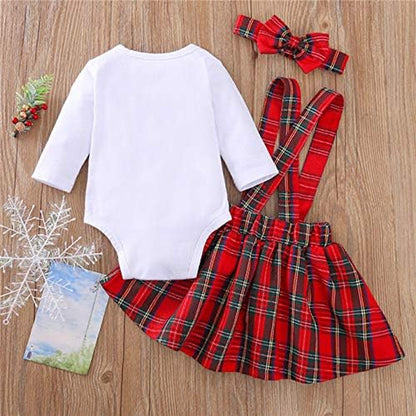 Newborn Baby Girl Christmas Outfits My 1St Christmas Romper+Suspender Skirt +Headband Overall Clothes Set