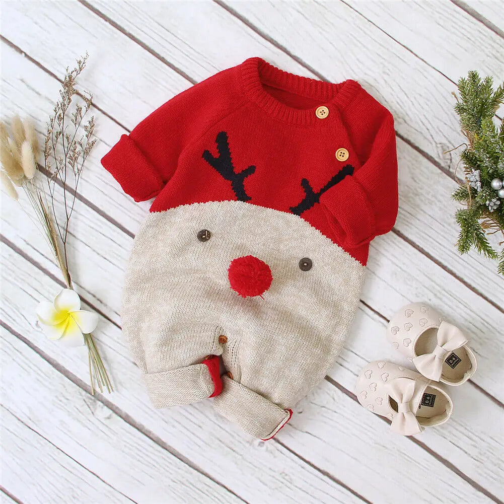 0-18M Christmas Baby Clothes Newborn Infant Boy Girl Deer Romper Knitted Warm Jumpsuit Xmas Baby Costumes Clothes