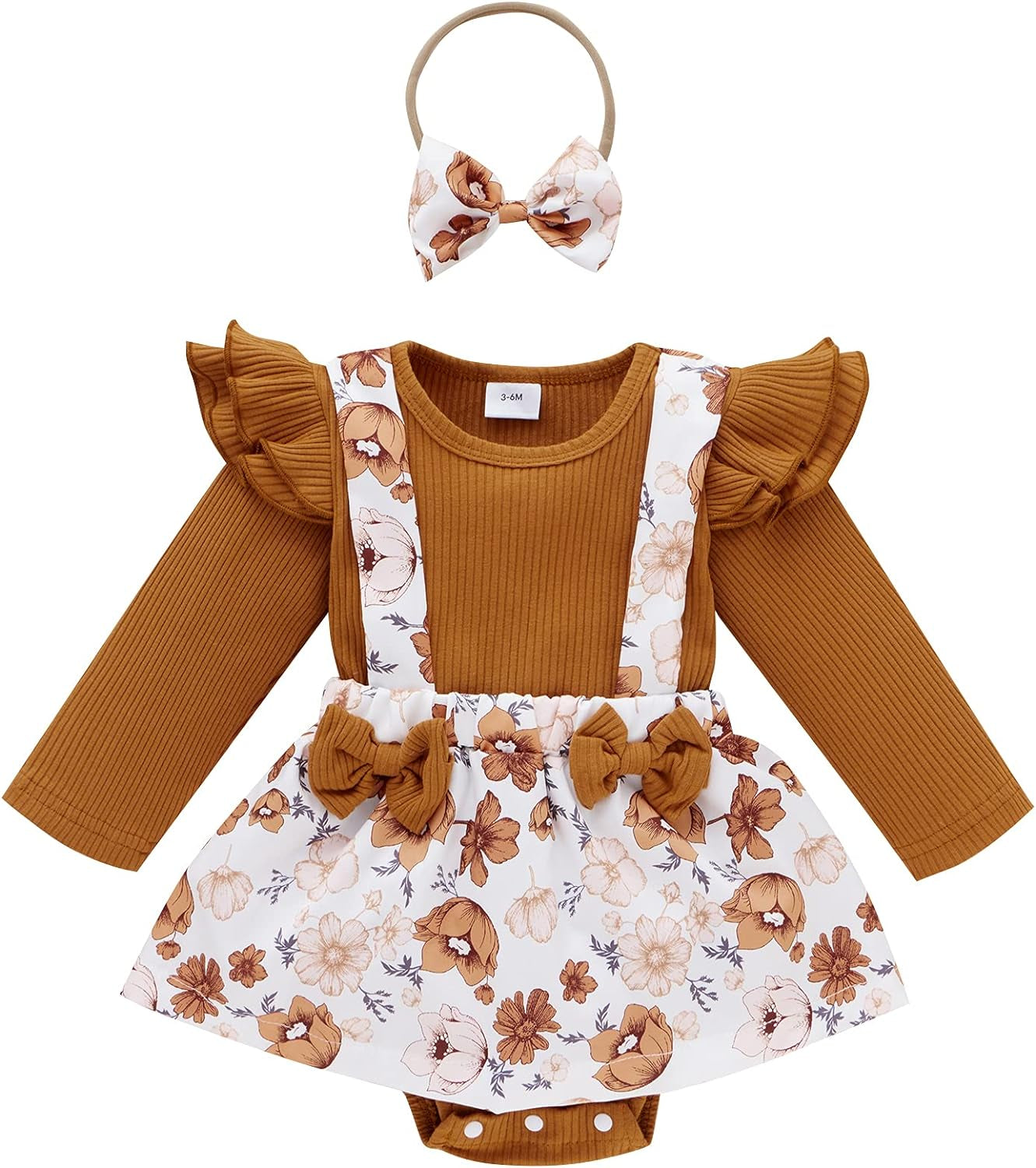 Newborn Infant Baby Girl Ruffle Long Sleeve Ribbed T-Shirt Top Floral Suspender Shorts Headband Winter Clothes